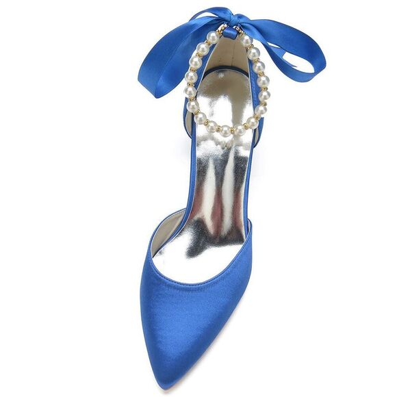 Women\'s Pointed Toe Pearl Wedding Shoes For Bride Low Heels Satin Heels With Bo